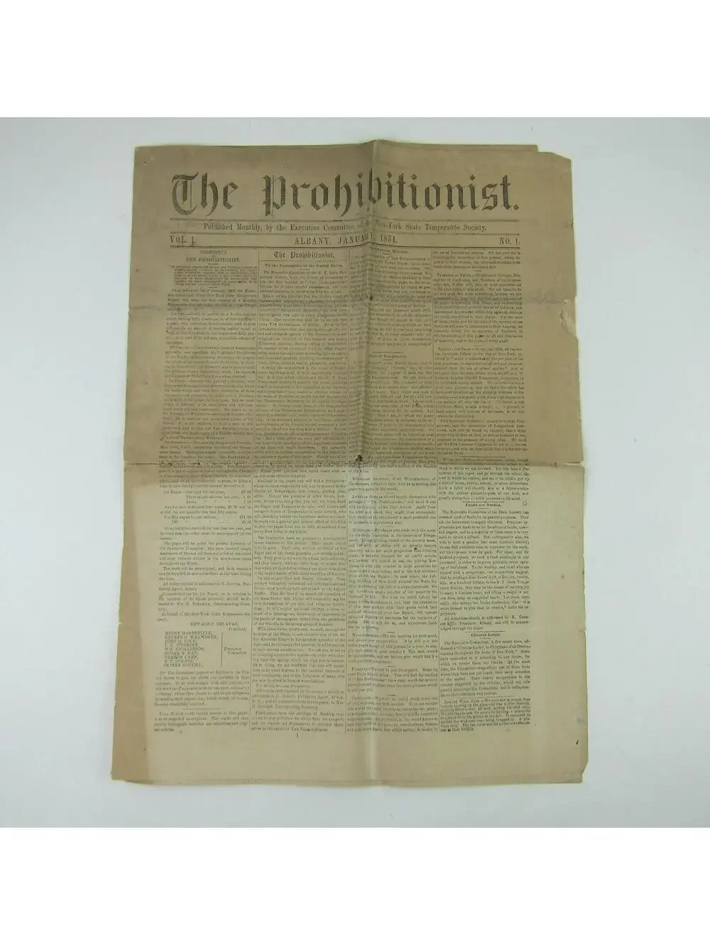 The Prohibitionist Newspaper New York Temperance Society #1 Antique 1854 RARE
